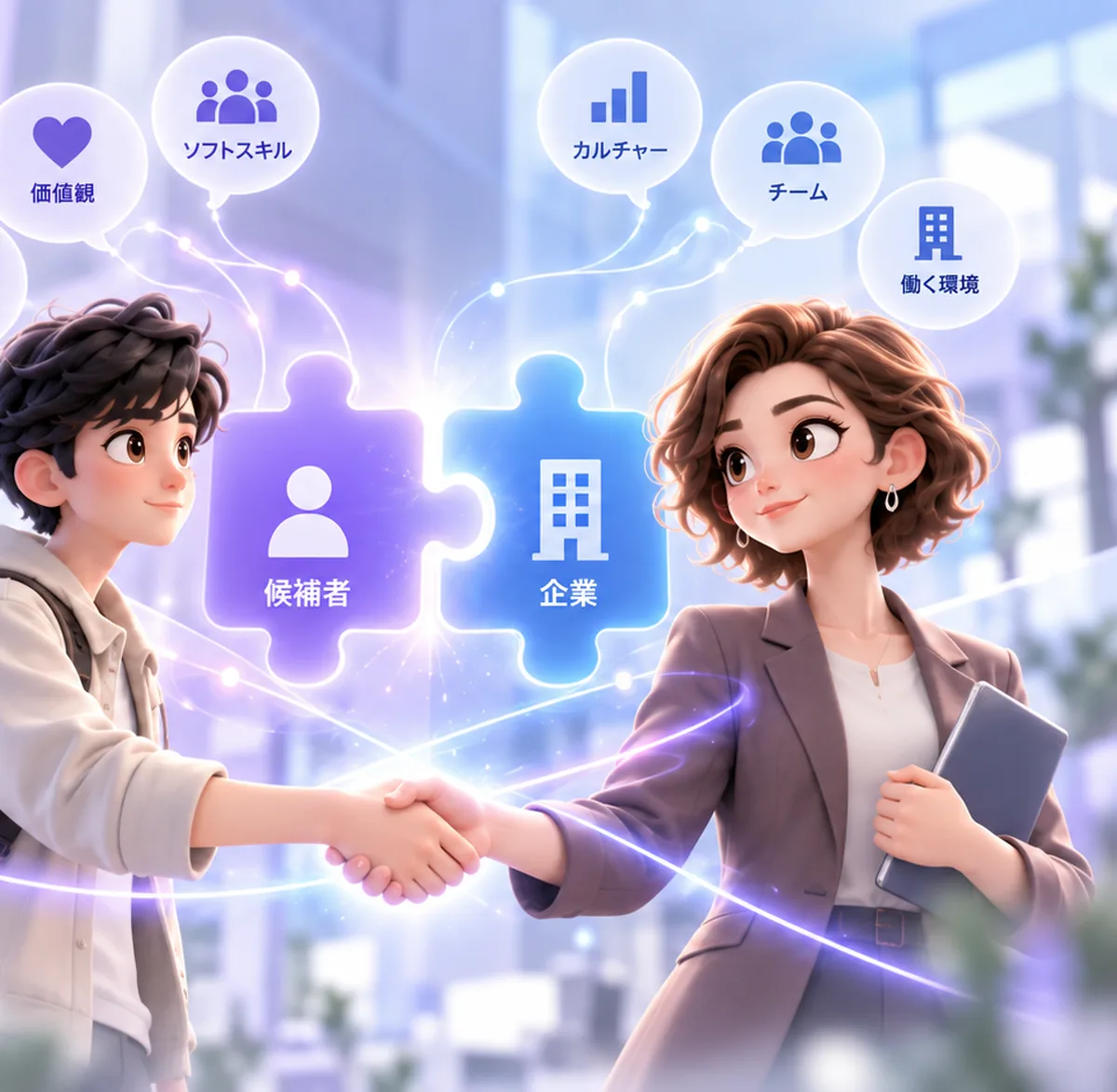候補者と企業のピースがつながり、握手する二人